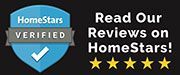 A blue shield with a check mark on it and the words `` read our reviews on homestars ''.