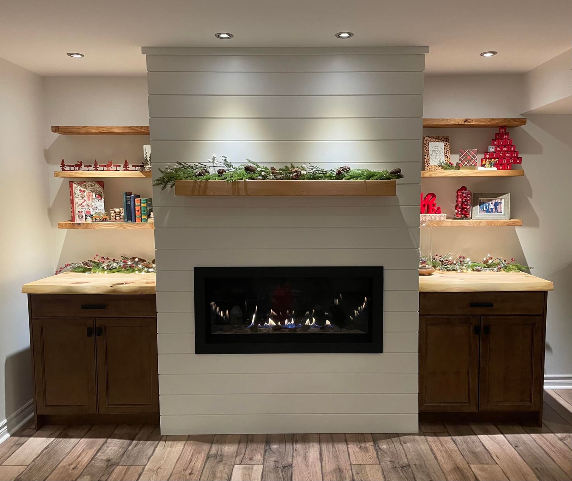 There is a fireplace in the middle of the room.