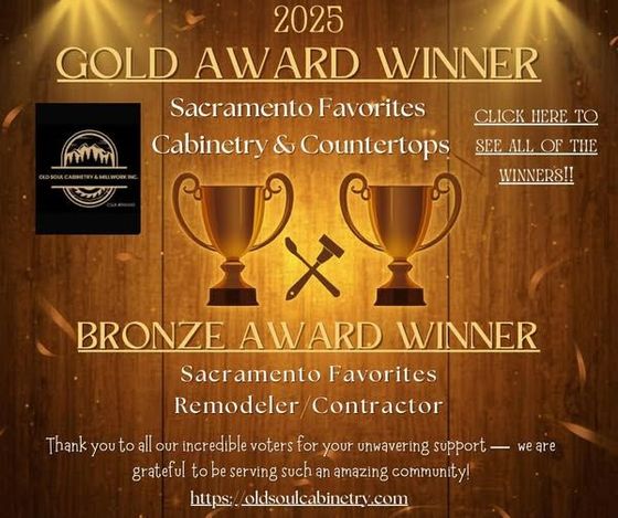 Gold award for Sacramento Favorites Cabinetry & Countertops and Bronze award for Remodeler/Contractor on a wood-grain background.