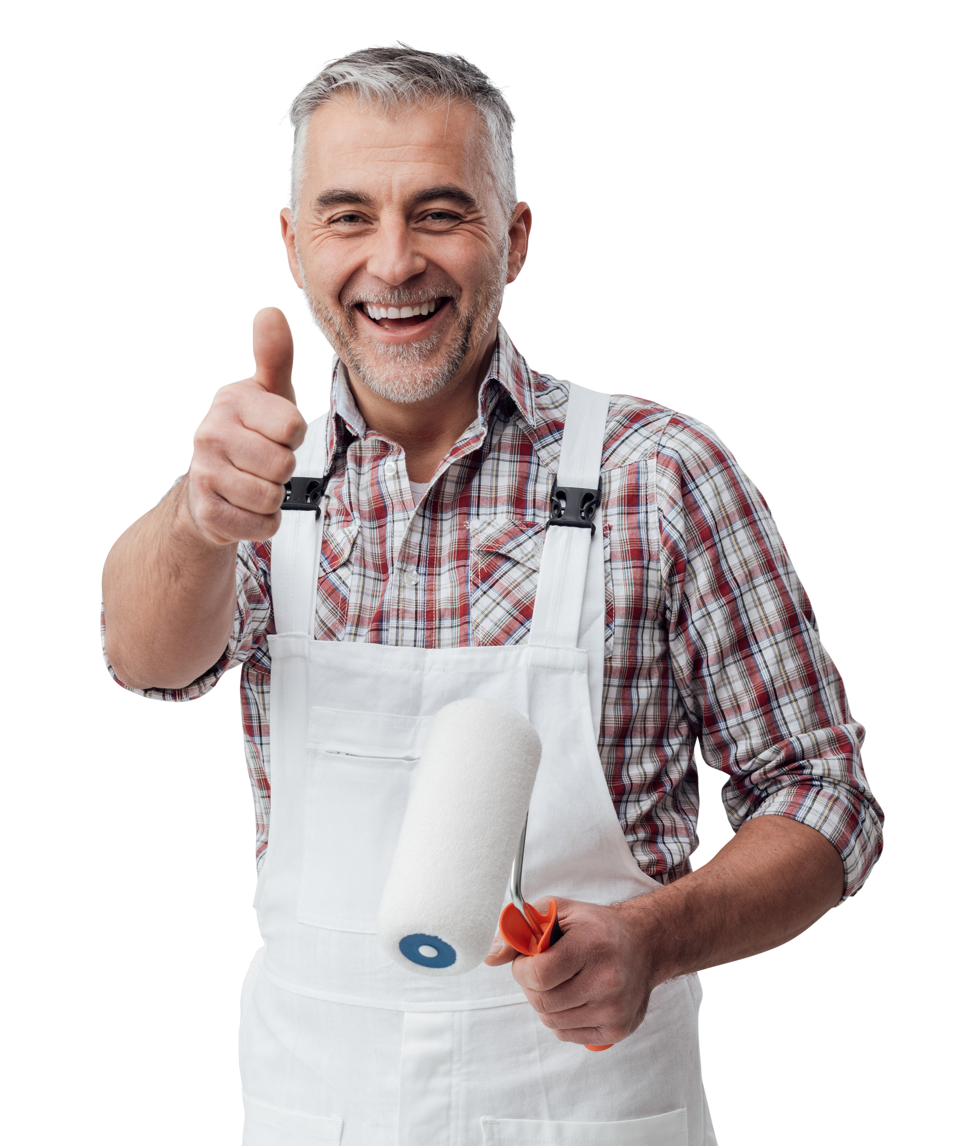 Smiling painter giving thumbs-up, holding paint roller, wearing overalls and plaid shirt.