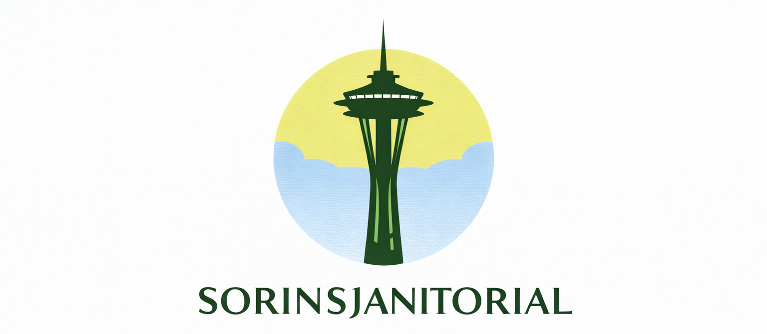 Logo of Sorin's Janitorial with a green Space Needle inside a yellow and blue circle.