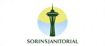 Logo of Sorin's Janitorial with a green Space Needle inside a yellow and blue circle.