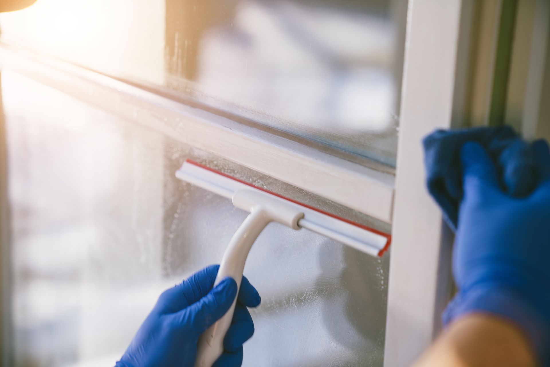 Person wearing blue gloves cleaning a window with a squeegee and cloth.