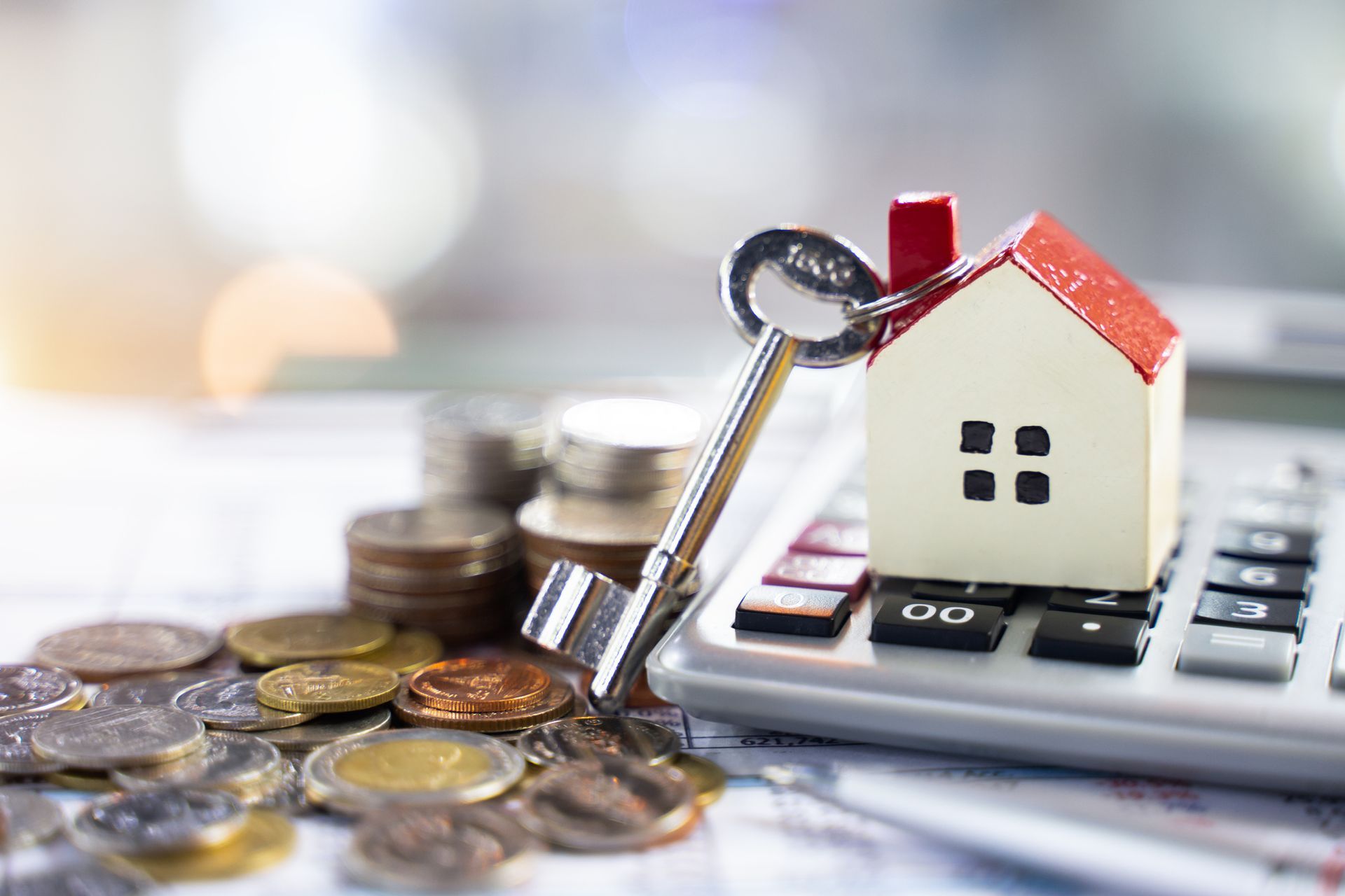 A model house is sitting on top of a calculator next to a key and coins.