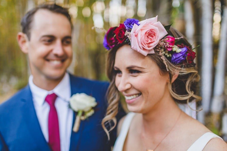 The Bride is Wearing a Flower Crown and the Groom is Wearing a Suit and Tie — Suncoast Flowers in Birtinya, QLD