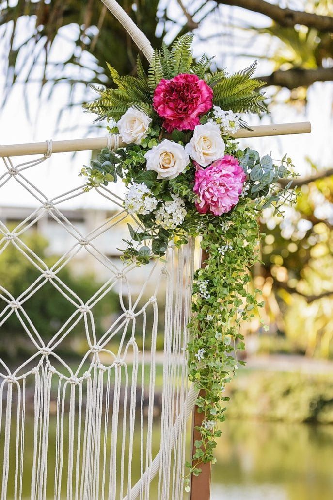 A Macrame Arch Decorated With Pink and White Flowers and Greenery — Suncoast Flowers in Birtinya, QLD