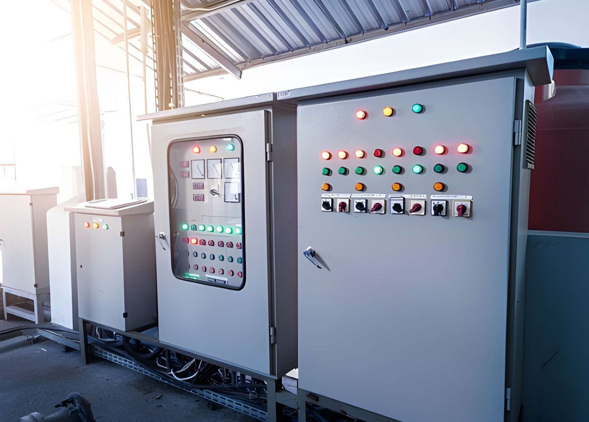 Two workers in safety vests and hard hats inspecting a control panel outdoors.