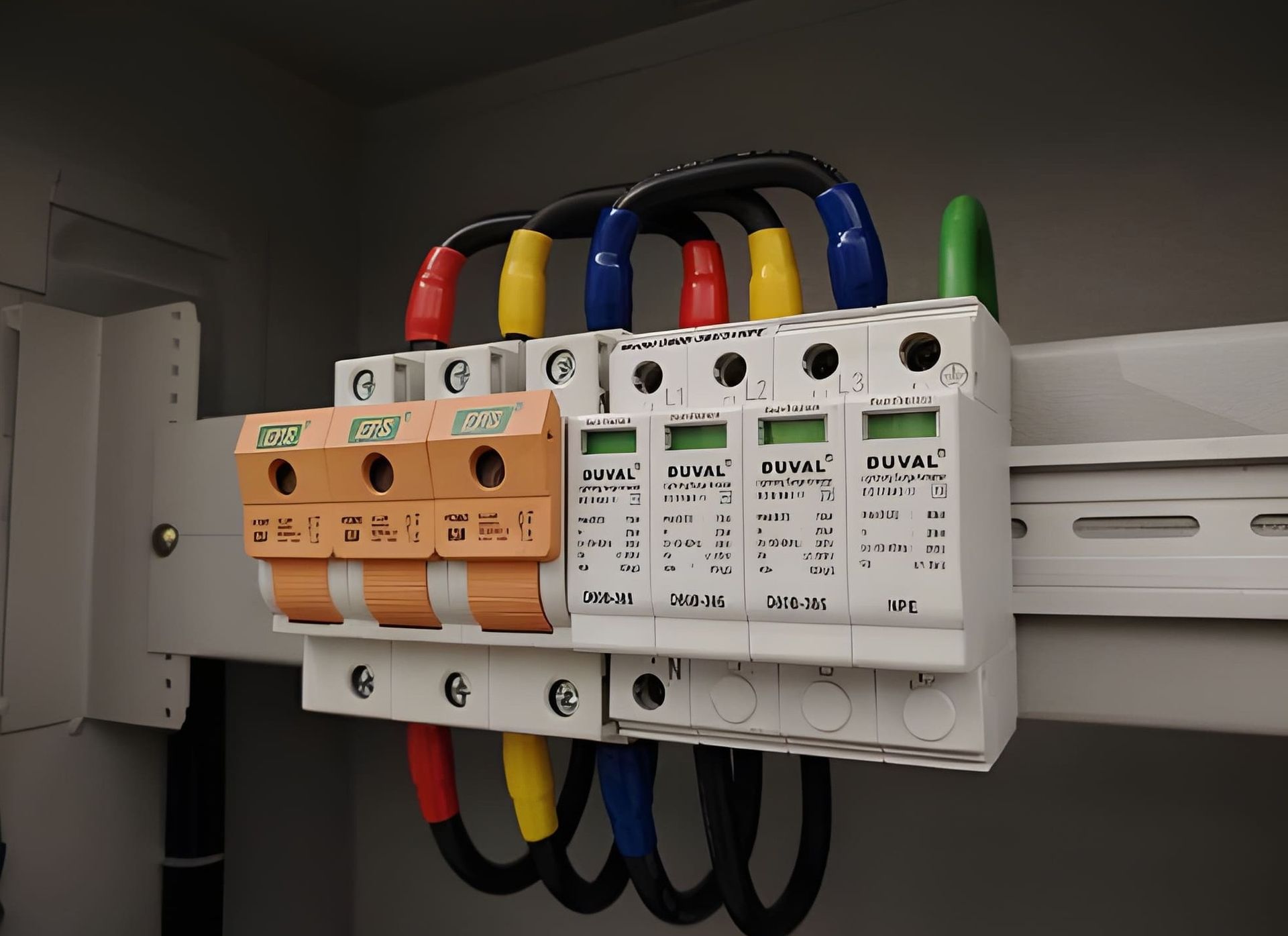 Top of electrical power transformer against a blue sky.