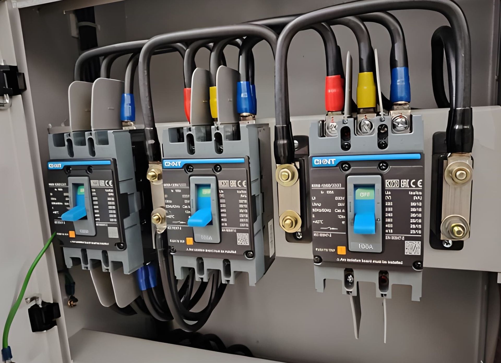 Electrical power lines on a concrete pole against a blue sky.