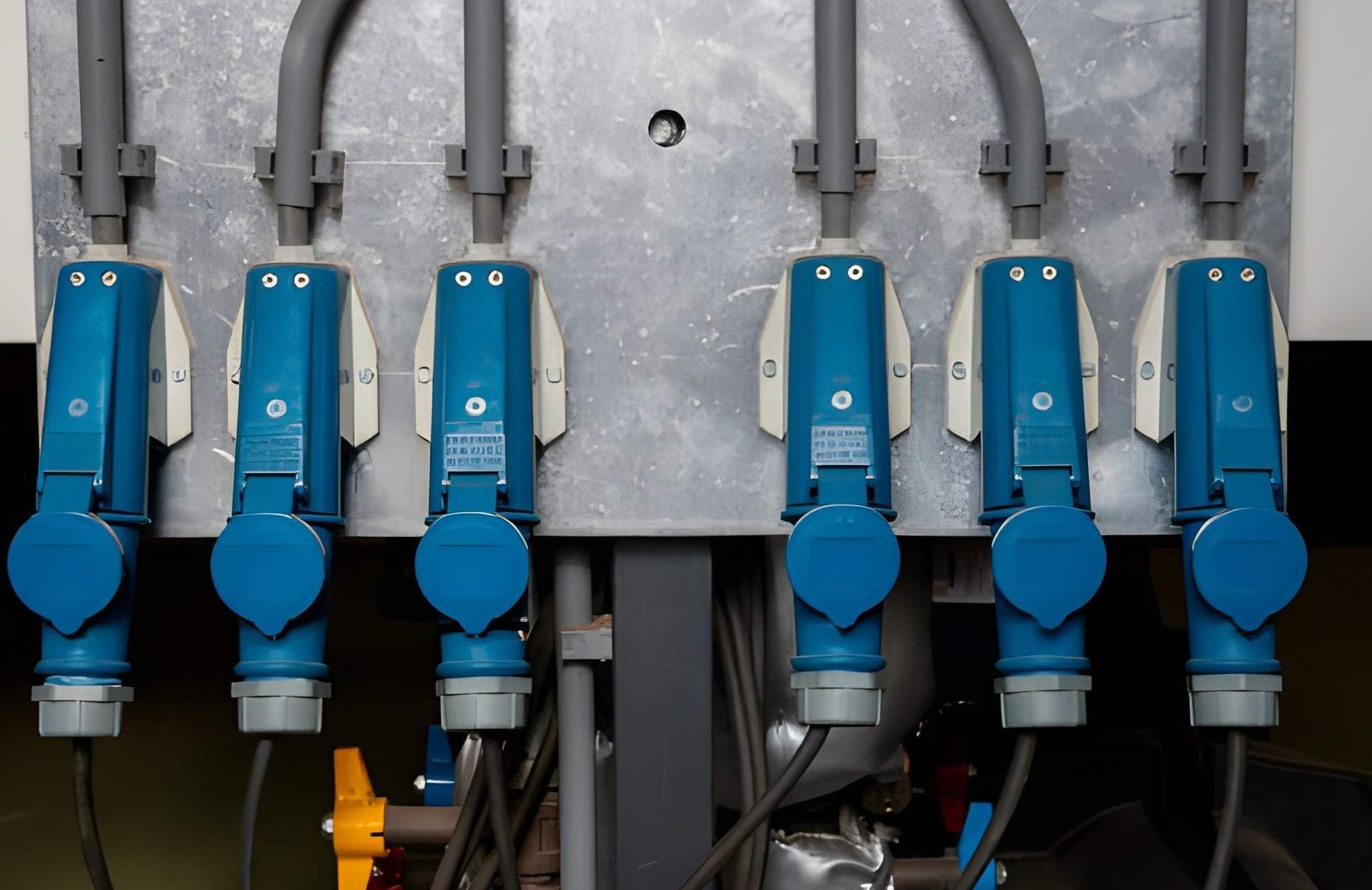 Close-up of electrical components with red, blue, green, and yellow wires connected to a metal block with brass fittings.