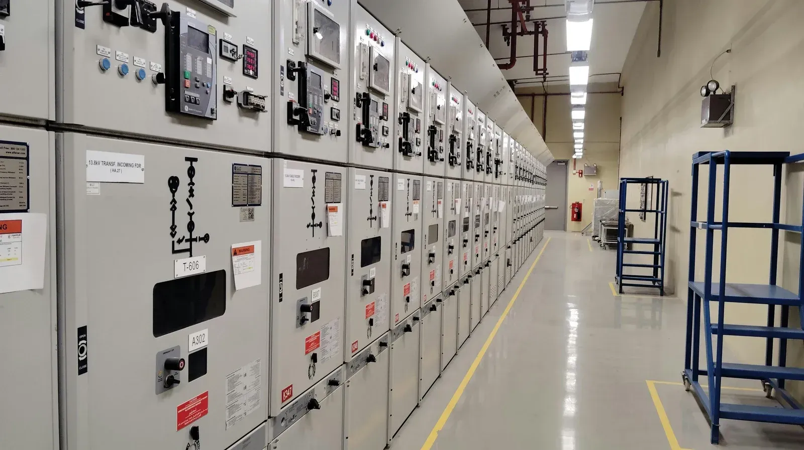 Electrical switchgear room with rows of gray panels, a concrete floor, and blue metal rolling stairs.
