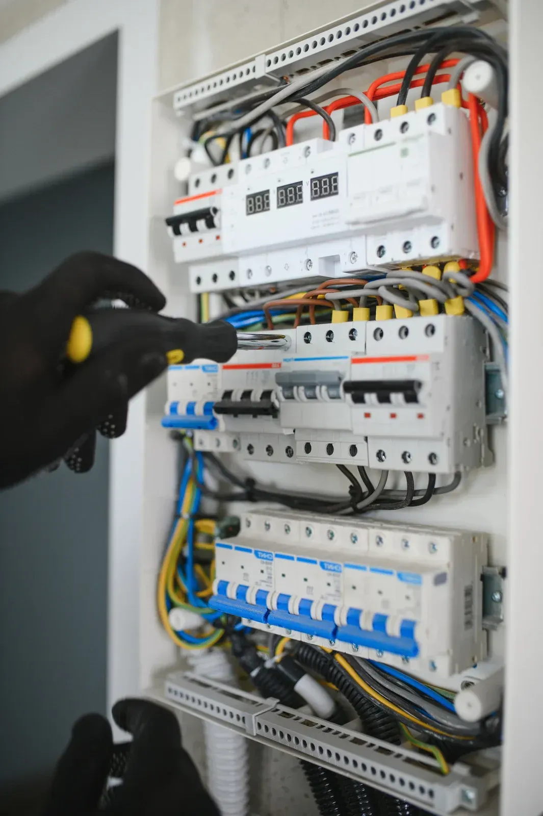 Woman in green uniform smiles, holding papers, amidst indoor plants.