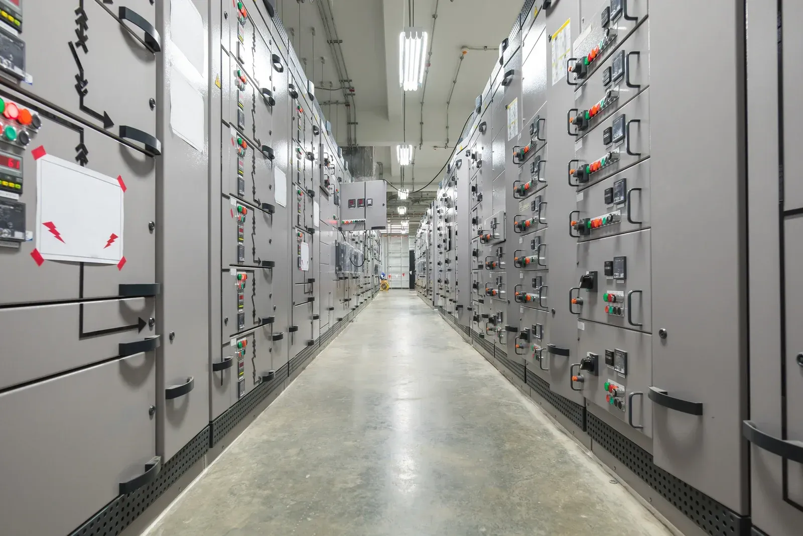 Electrical control room with rows of gray panels and a concrete floor.
