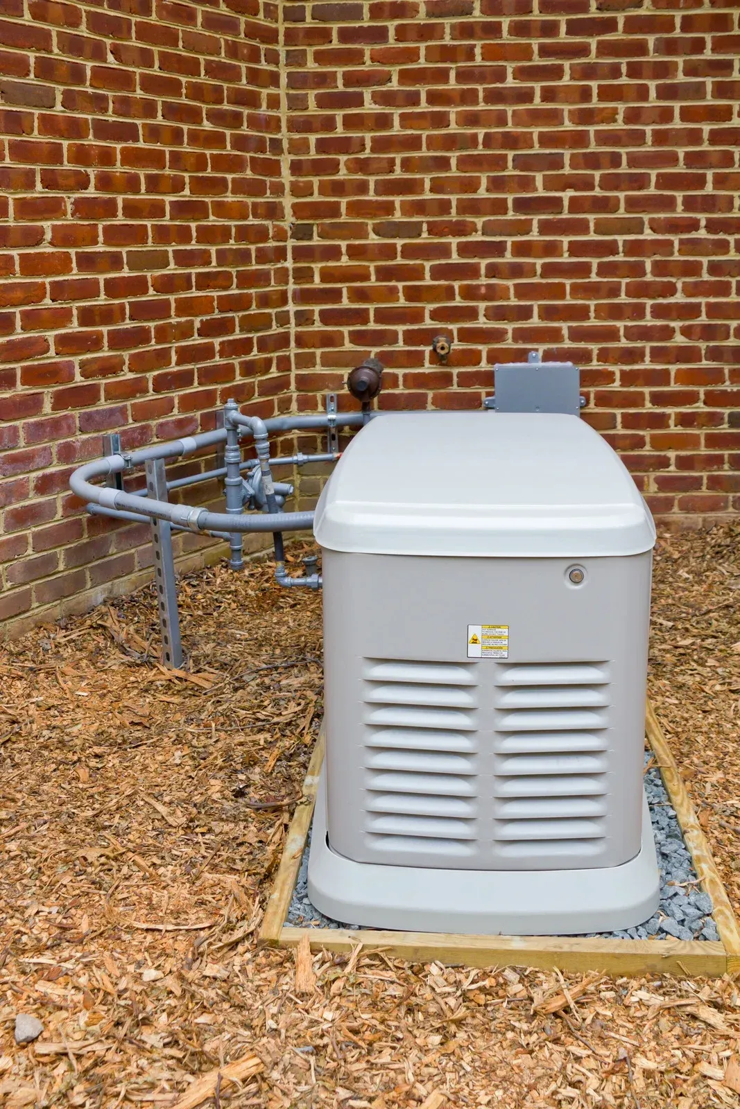 Electrical wiring conduits in various colors spilling from a recessed wall box, against a brick wall.