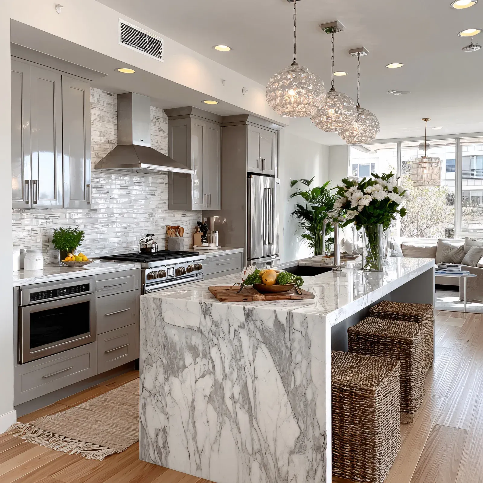 Modern kitchen with marble island, grey cabinets, stainless appliances, and pendant lights.