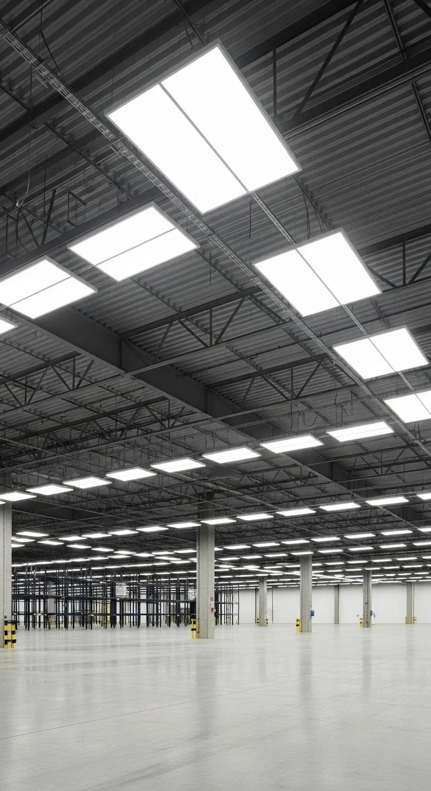 Large, empty warehouse interior with skylights in the ceiling and concrete floor.