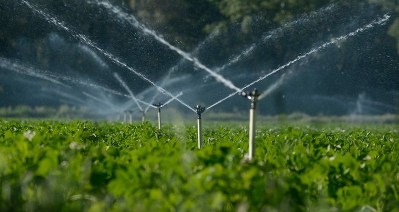 Row of Sprinklers are Spraying water on a Green field — Produce and Hardware in Dayboro, QLD