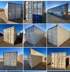 There are many different types of shipping containers in this collage.