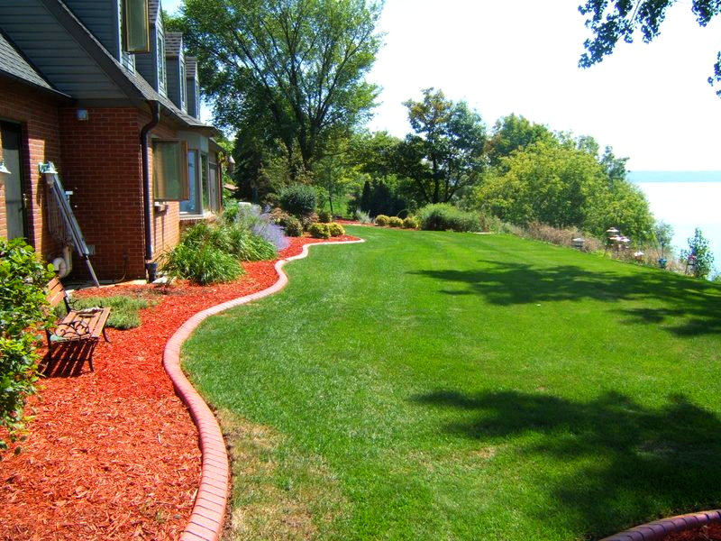 A lush green lawn is surrounded by red mulch and a brick curb