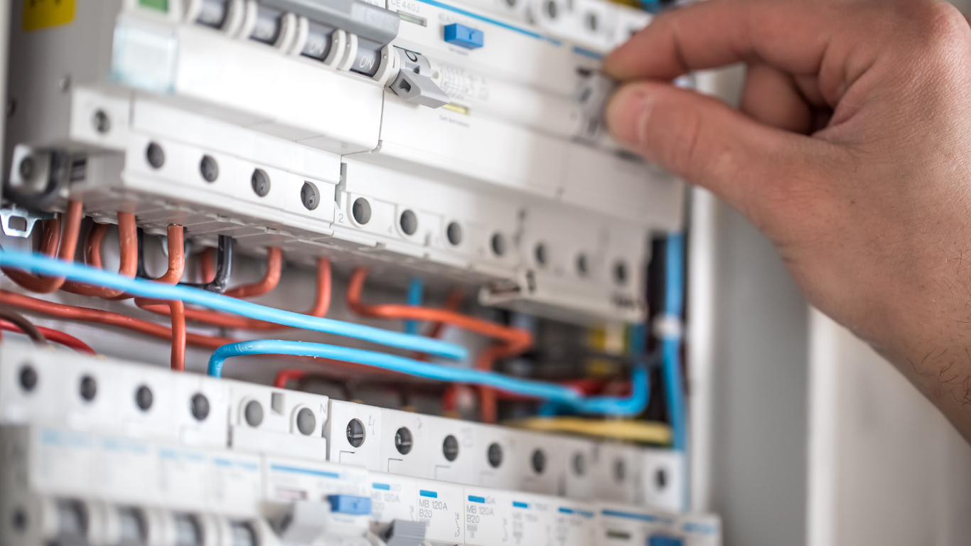 A brown and white tabby cat sits comfortably on a wooden floor near a doorway.