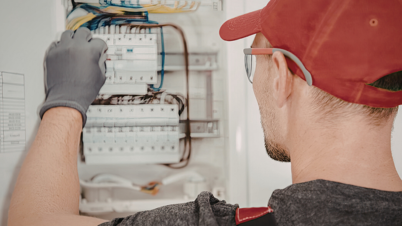 A brown and white tabby cat sits comfortably on a wooden floor near a doorway.