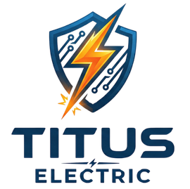 Logo for Titus Electric featuring a yellow lightning bolt inside a dark blue shield with circuit board patterns.
