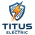 Logo for Titus Electric featuring a yellow lightning bolt inside a dark blue shield with circuit board patterns.