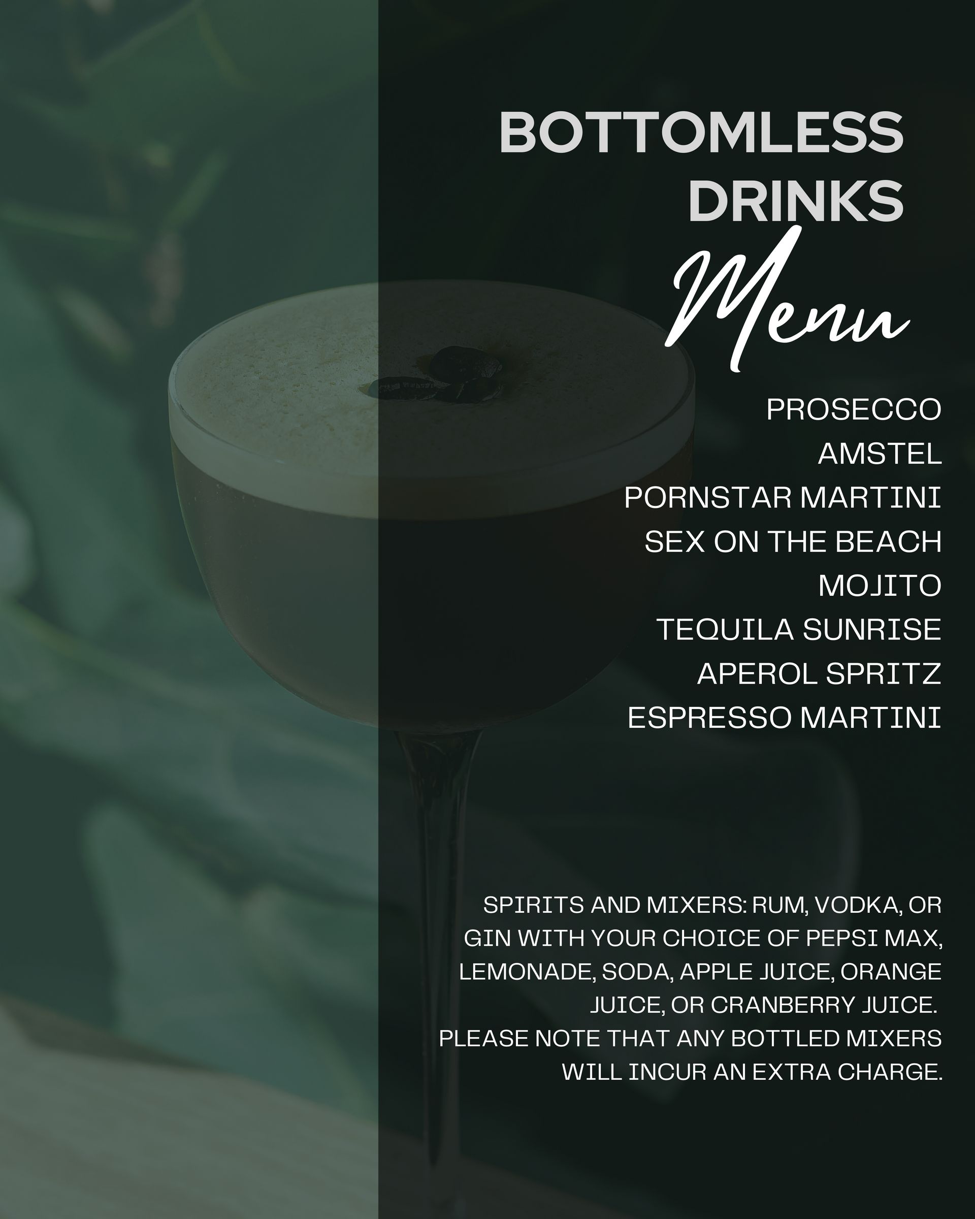 A menu for bottomless drinks with a picture of a cup of coffee