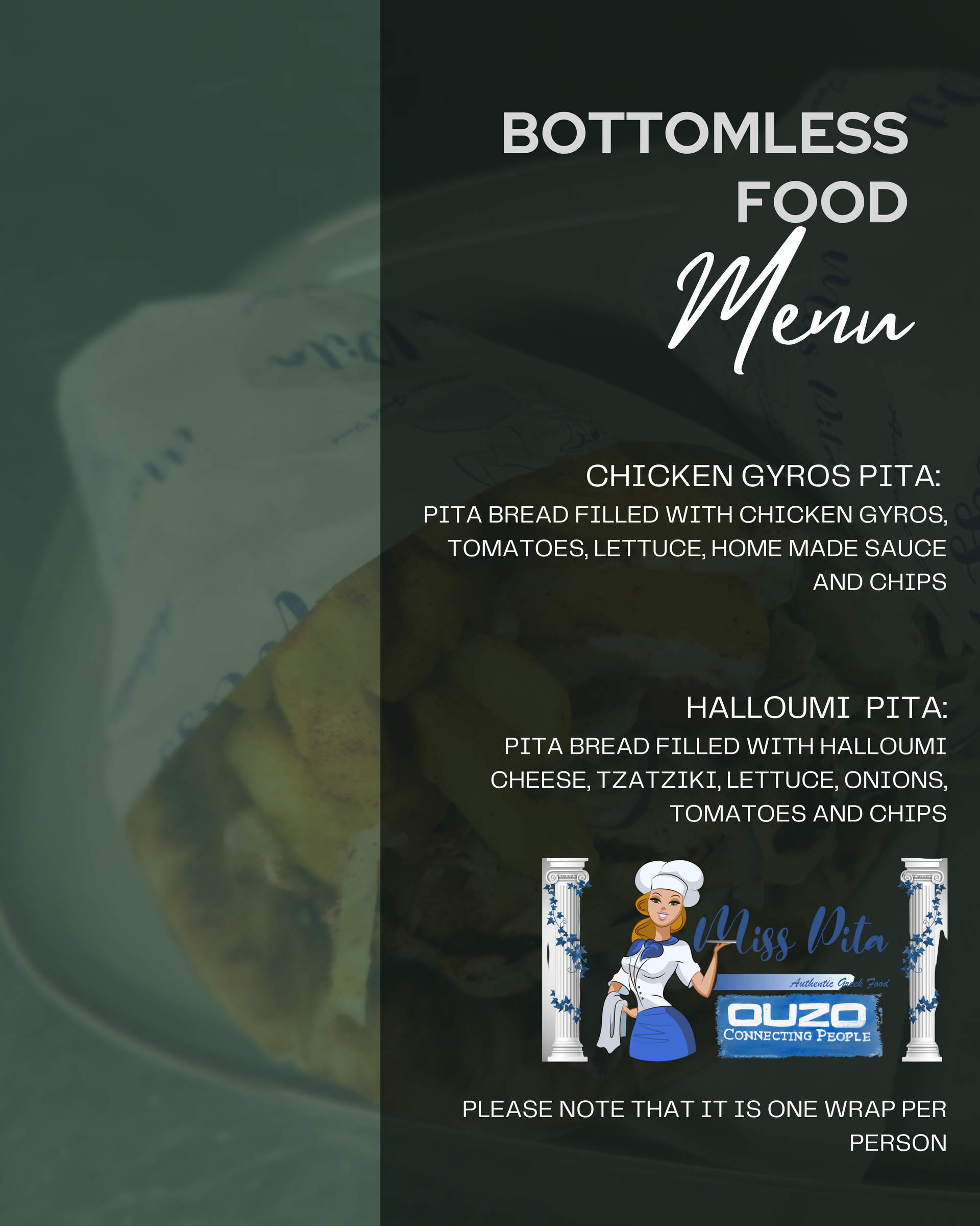 A menu for bottomless food with a chef on it
