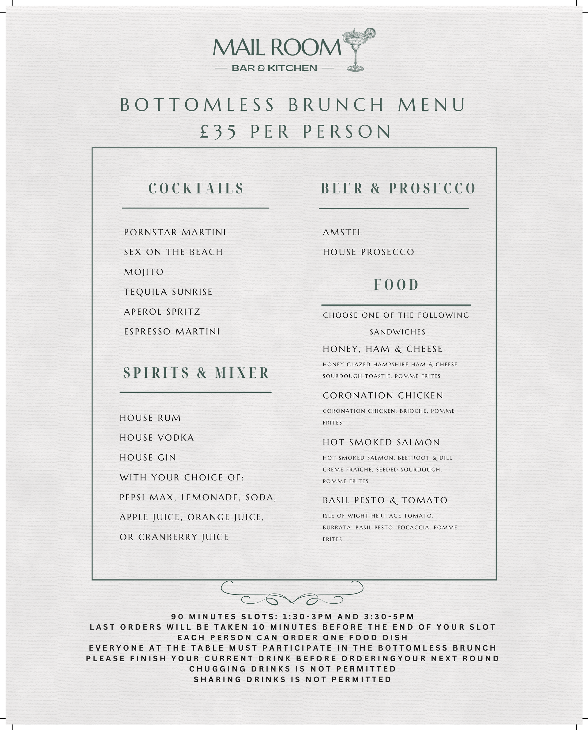 mailroom bottomless brunch menu