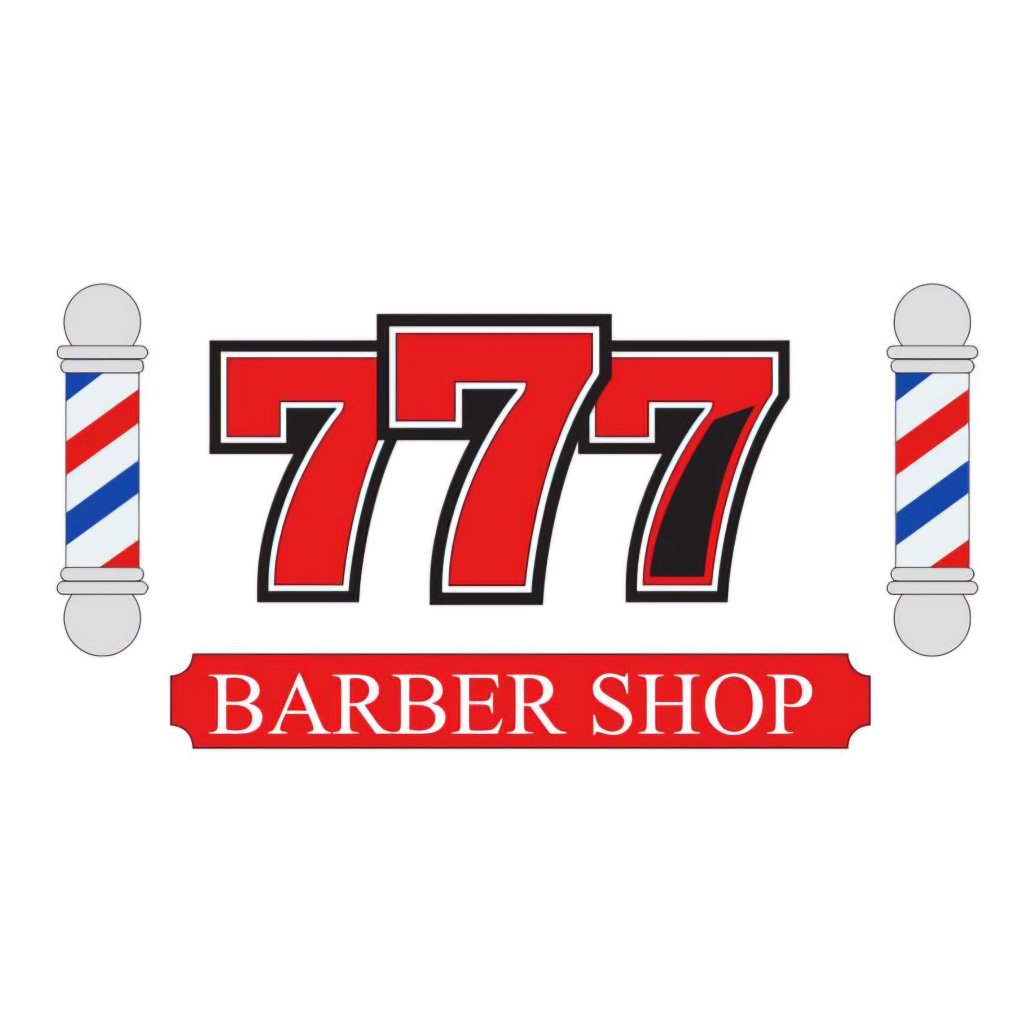Logo for "777 Barber Shop" with three red 7s, barber poles, and red text.