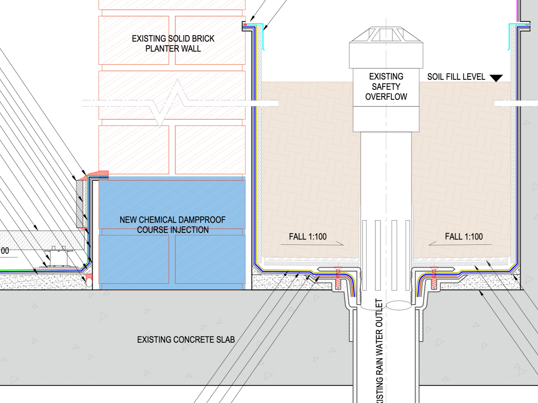 Architectural drawing of a tank with piping and overflow labeled, with existing concrete slab.