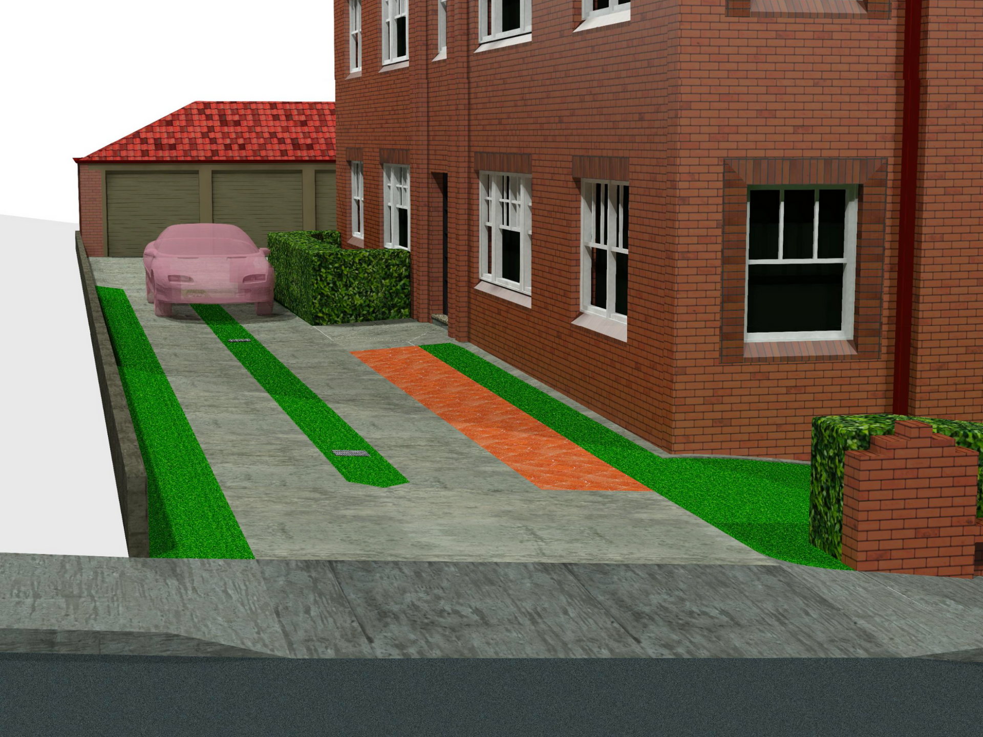 A pink car driving up a driveway to a brick house with a garage.