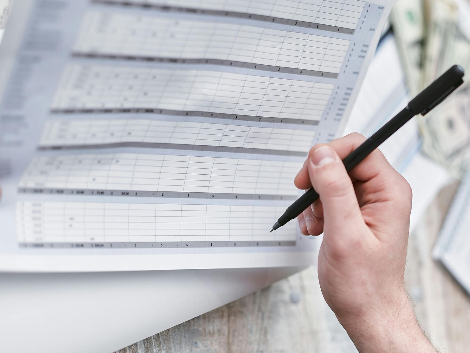 Hand holding a black pen over a spreadsheet.
