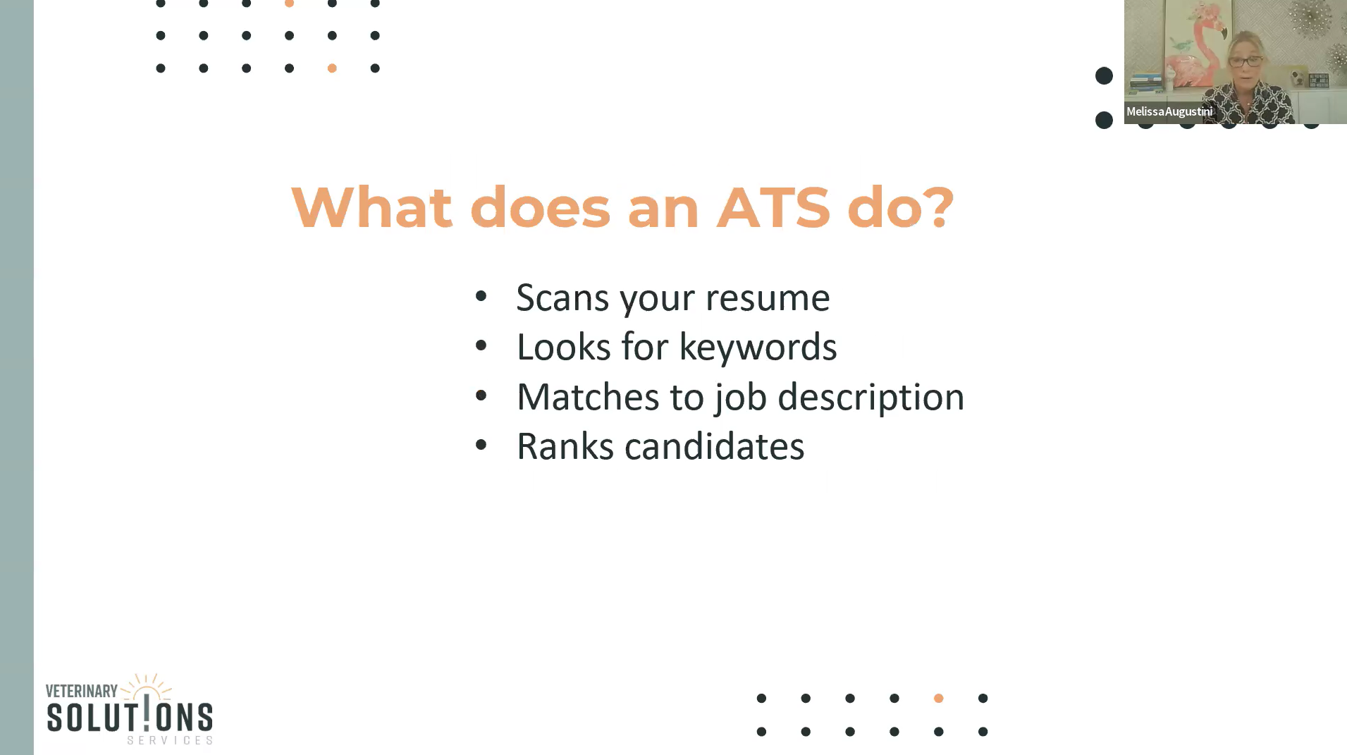 Slide titled “What does an ATS do?” with bullets: scans resume, tracks keywords, matches to job description, ranks candidates.