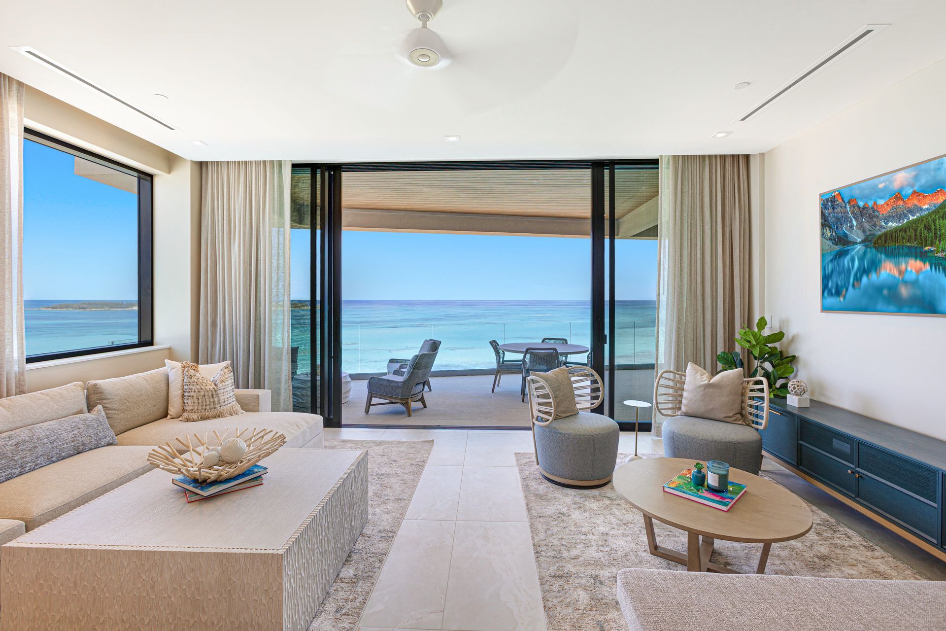 Spacious and modern lobby at Aqualina vacation residence with ocean views in Nassau, Bahamas