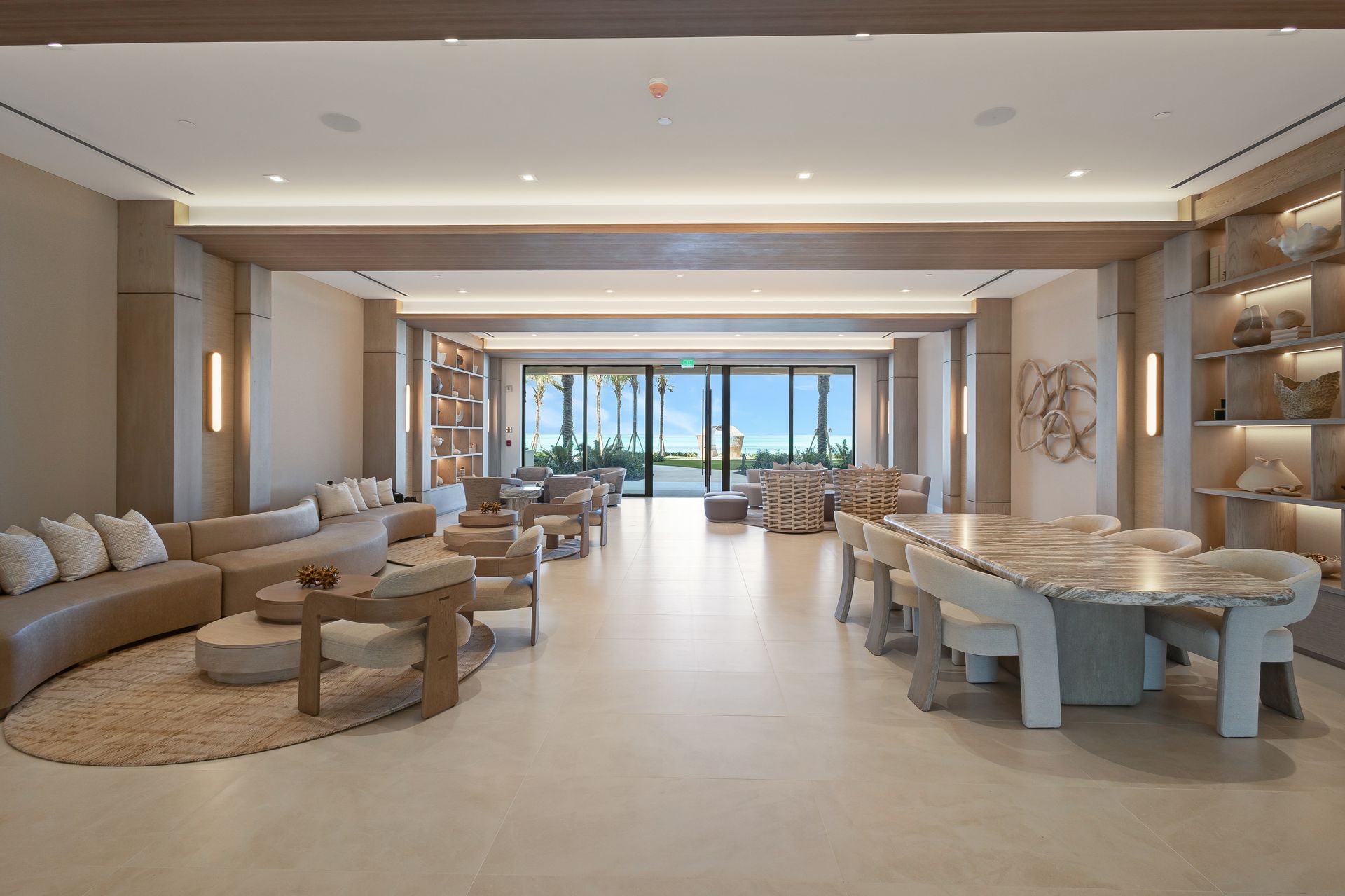 Spacious and modern lobby at Aqualina vacation residence with ocean views in Nassau, Bahamas