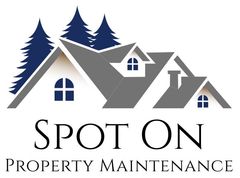 Spot On Property Maintenance logo with gray roof top silhouette surrounded by navy blue trees