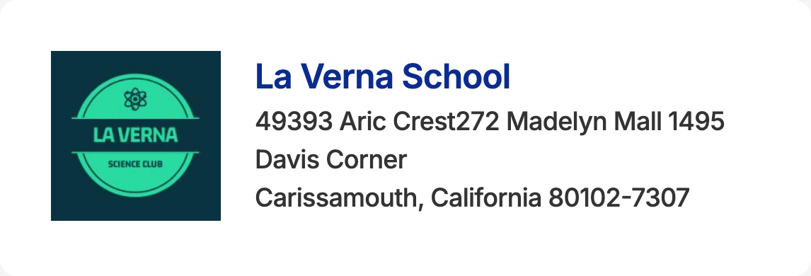 La Verna School logo and address: 49393 Aric Crest, Davis Corner, Carissamouth, California 80102-7307