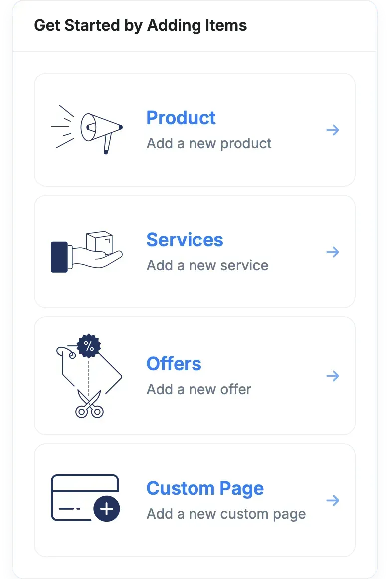 Options to add items: Product, Services, Offers, and Custom Page.