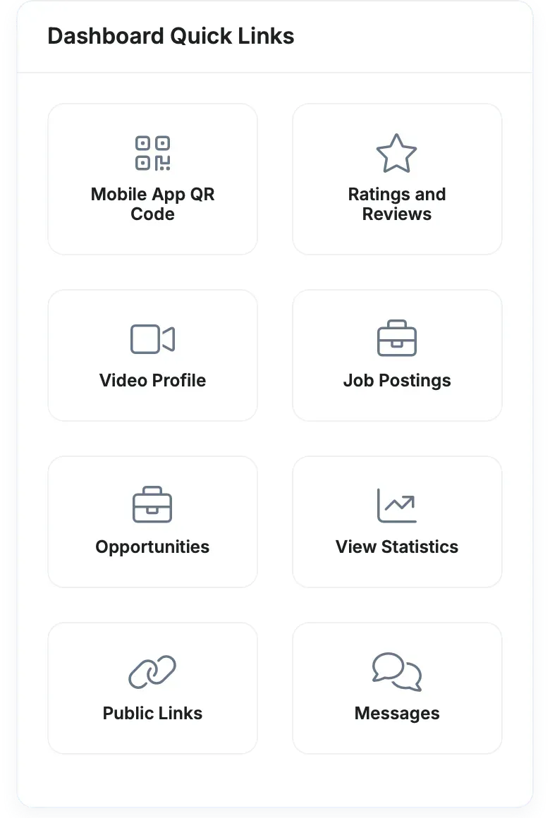 Dashboard with quick links to mobile app QR code, ratings, video profile, job postings, opportunities, statistics, public links, and messages.