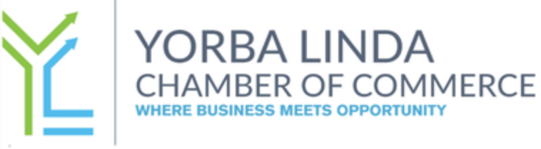 Yorba Linda Chamber of Commerce logo with stylized "YL" in green and blue arrows. Text reads "Where Business Meets Opportunity".