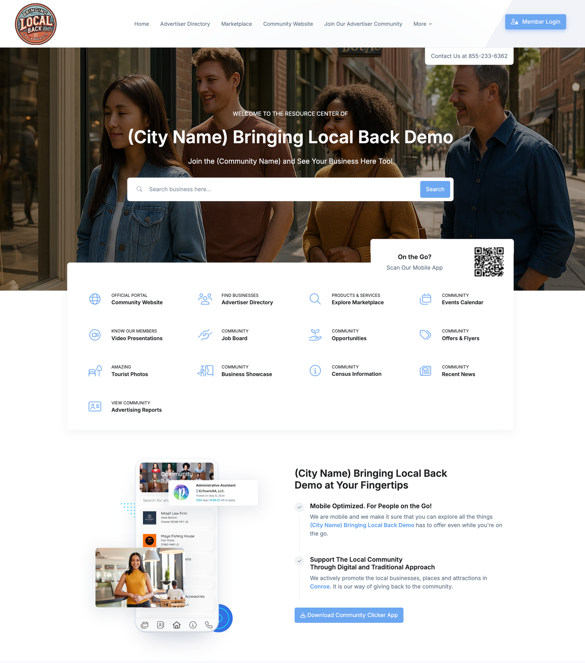 Website landing page; people on a street, search bar, and icons.