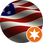 American flag within a sphere; small orange circle with six-pointed white star.