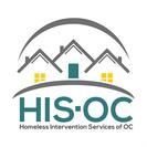 Logo of HIS-OC. Houses with a teal door and yellow windows, arched over by a gray semi-circle. Text in teal reads 