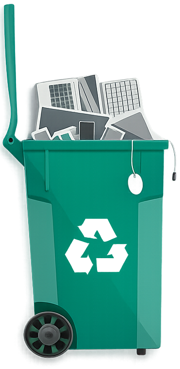 Green recycling bin filled with discarded electronics, including laptops and a mouse.
