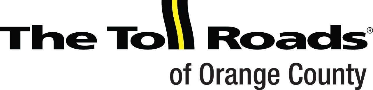 Logo for The Toll Roads of Orange County; black text with a yellow and black road design.