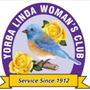 Logo for Yorba Linda Woman's Club, bluebird and yellow roses inside a purple arch. 