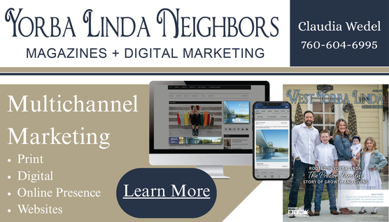Advertisement for Yorba Linda Neighbors marketing: print, digital, online presence, and websites. Contact: Claudia Wedel.