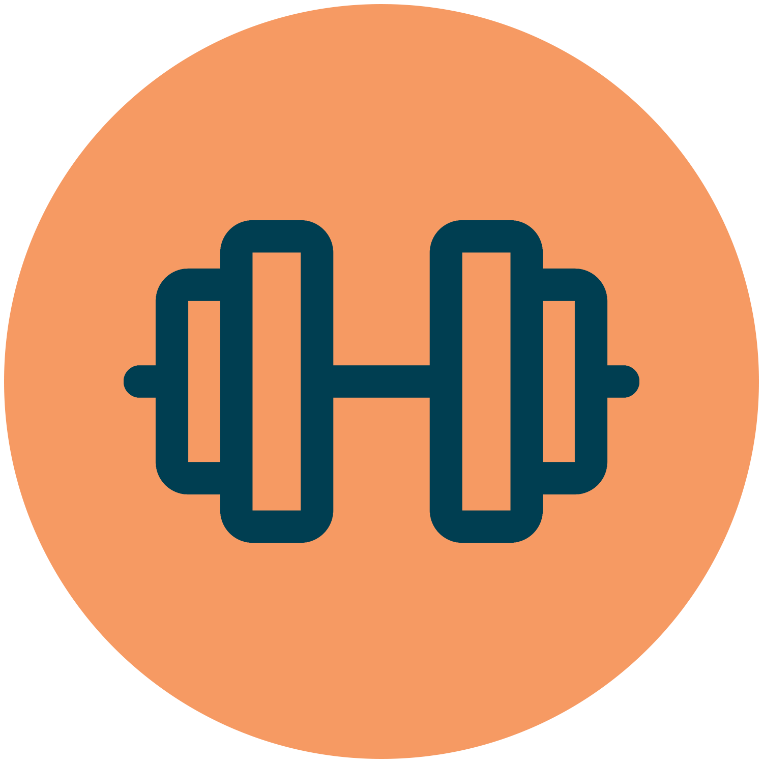 Dumbbell icon in dark teal on an orange circle, representing fitness or weightlifting.
